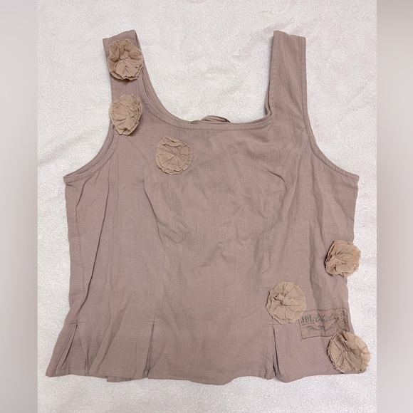 JDL Clothing Jeanne D’Arc Lagenlook Linen Top Embellished Flowers Lace up Back - Picture 1 of 8